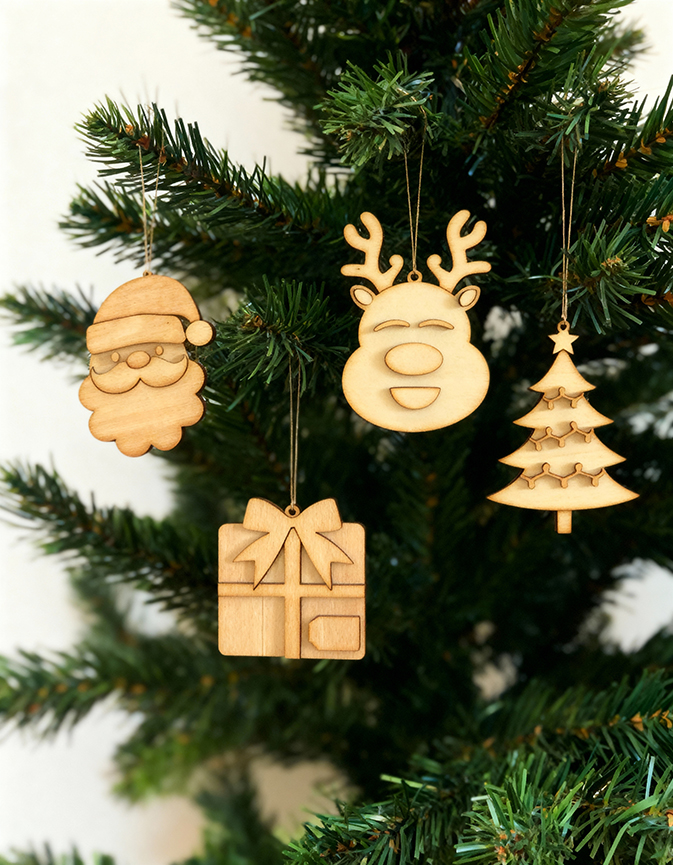 Pack de 4 Adornos Navideños de Madera – Papá Noel, Reno, Regalo y Árbol